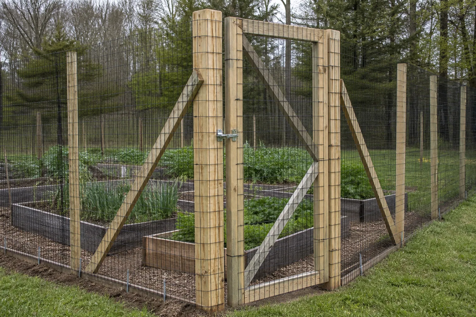 Tall garden fence corner with braced wood posts, wire mesh, a full-height gate, latch, and closed bottom edge