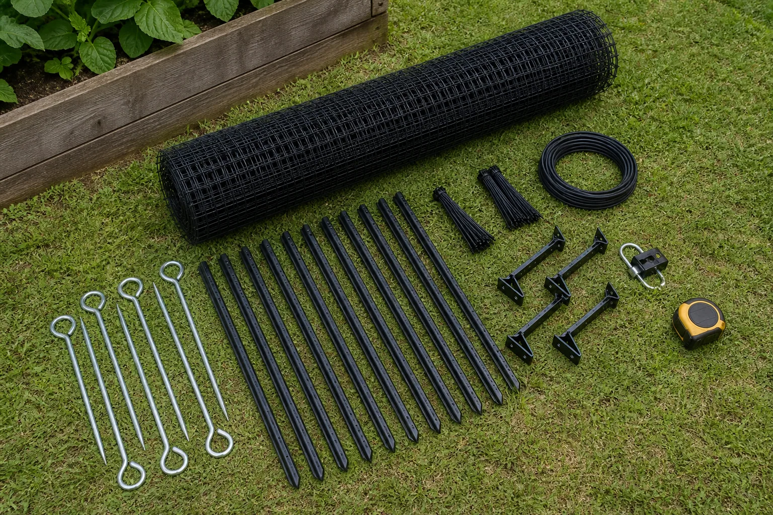 Roll of black deer mesh with metal posts, ground stakes, ties, braces, latch hardware, tension cord, and tape measure