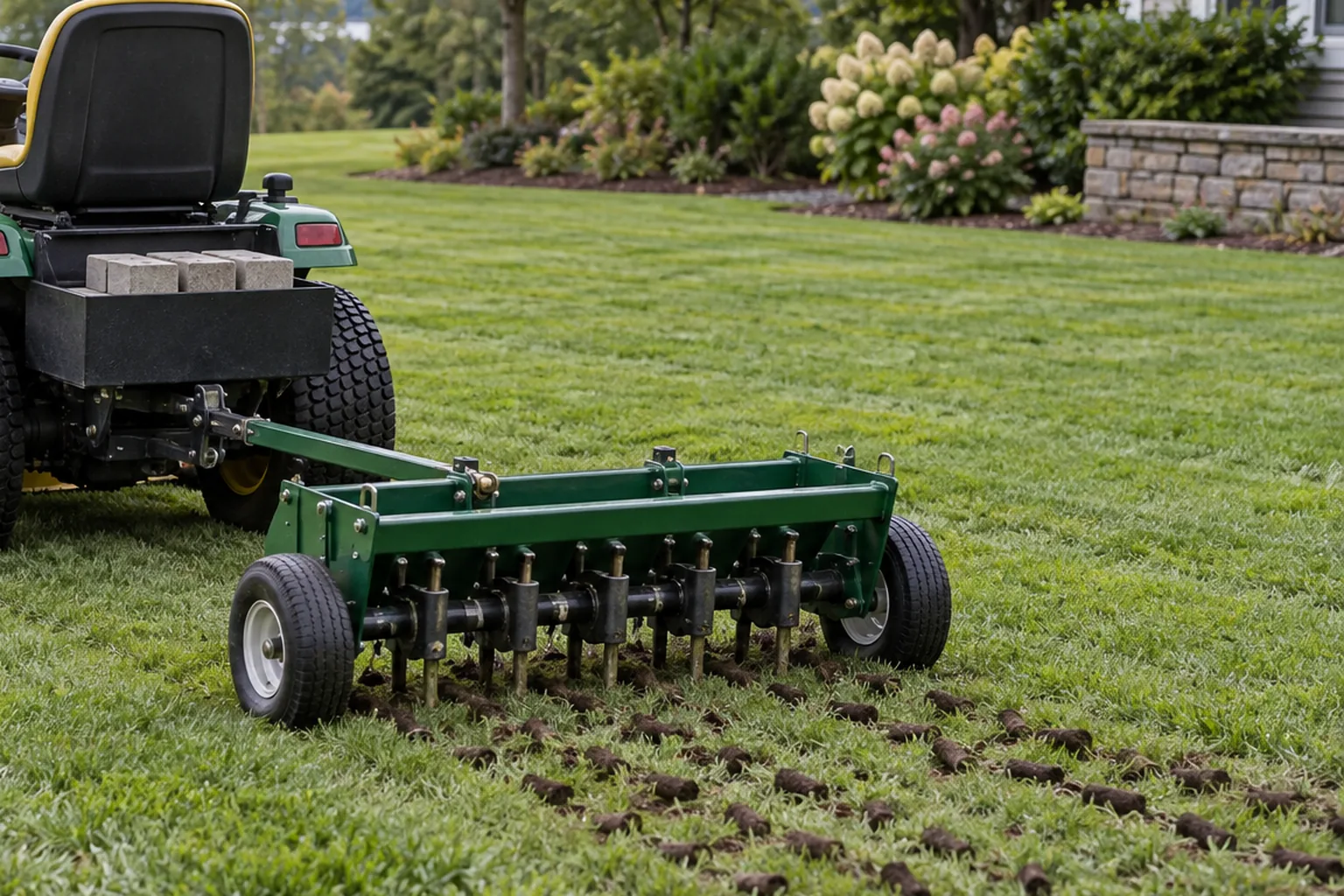 Straight aerator pass with clean soil plugs on moist lawn