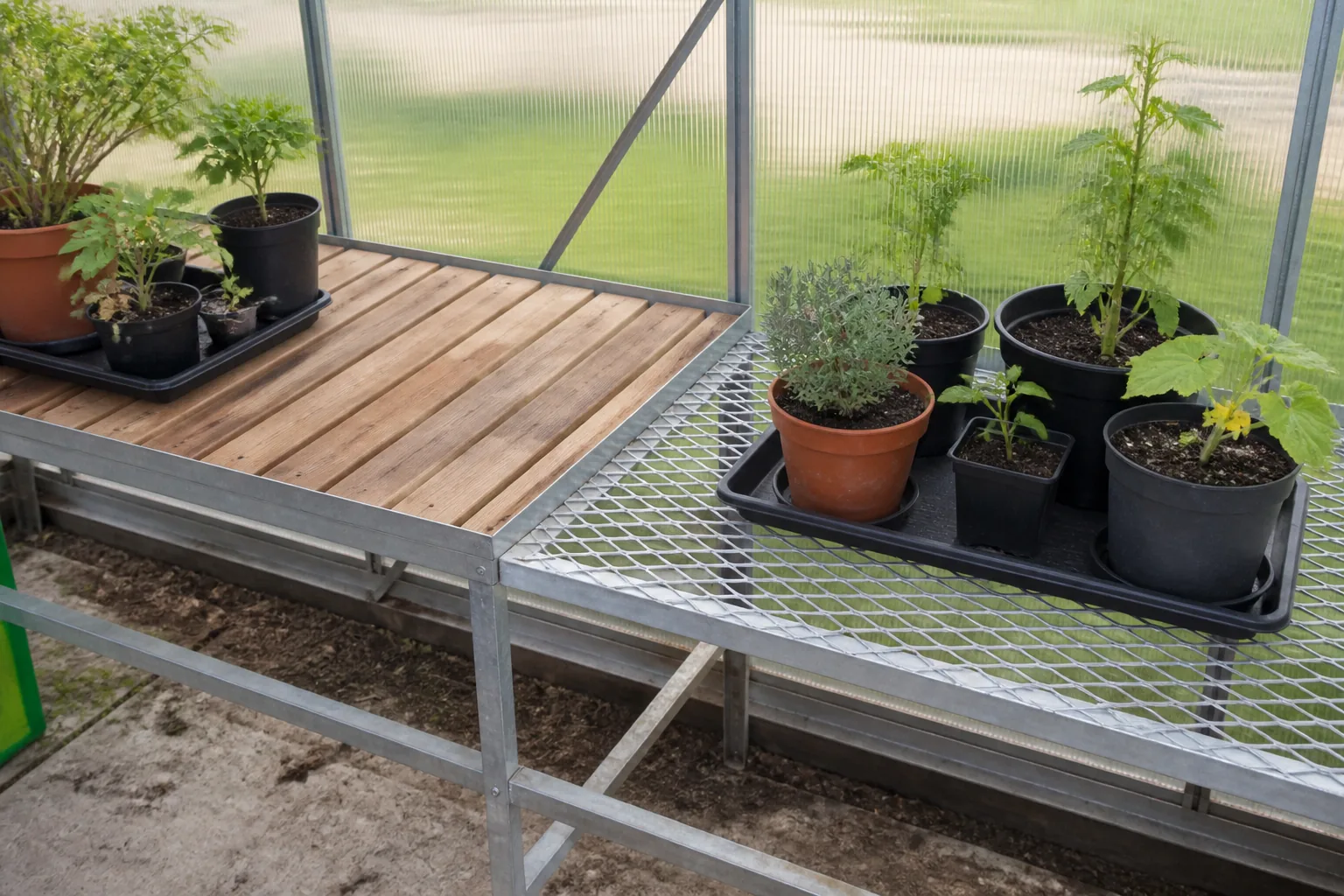 Cedar slat bench top beside a galvanized expanded-metal greenhouse bench