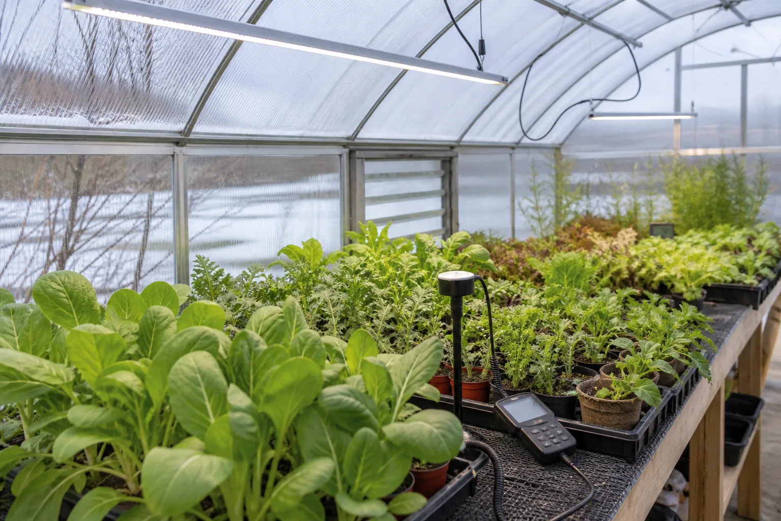 Quantum light sensor and meter positioned at canopy height beneath greenhouse LED lights