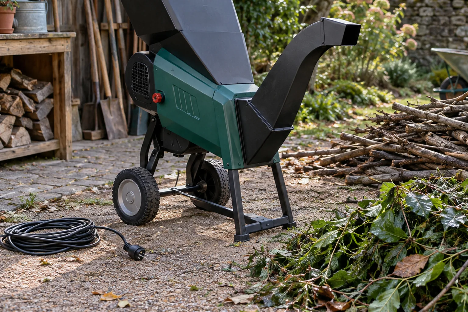 Unplugged chipper service area with packed chips near discharge