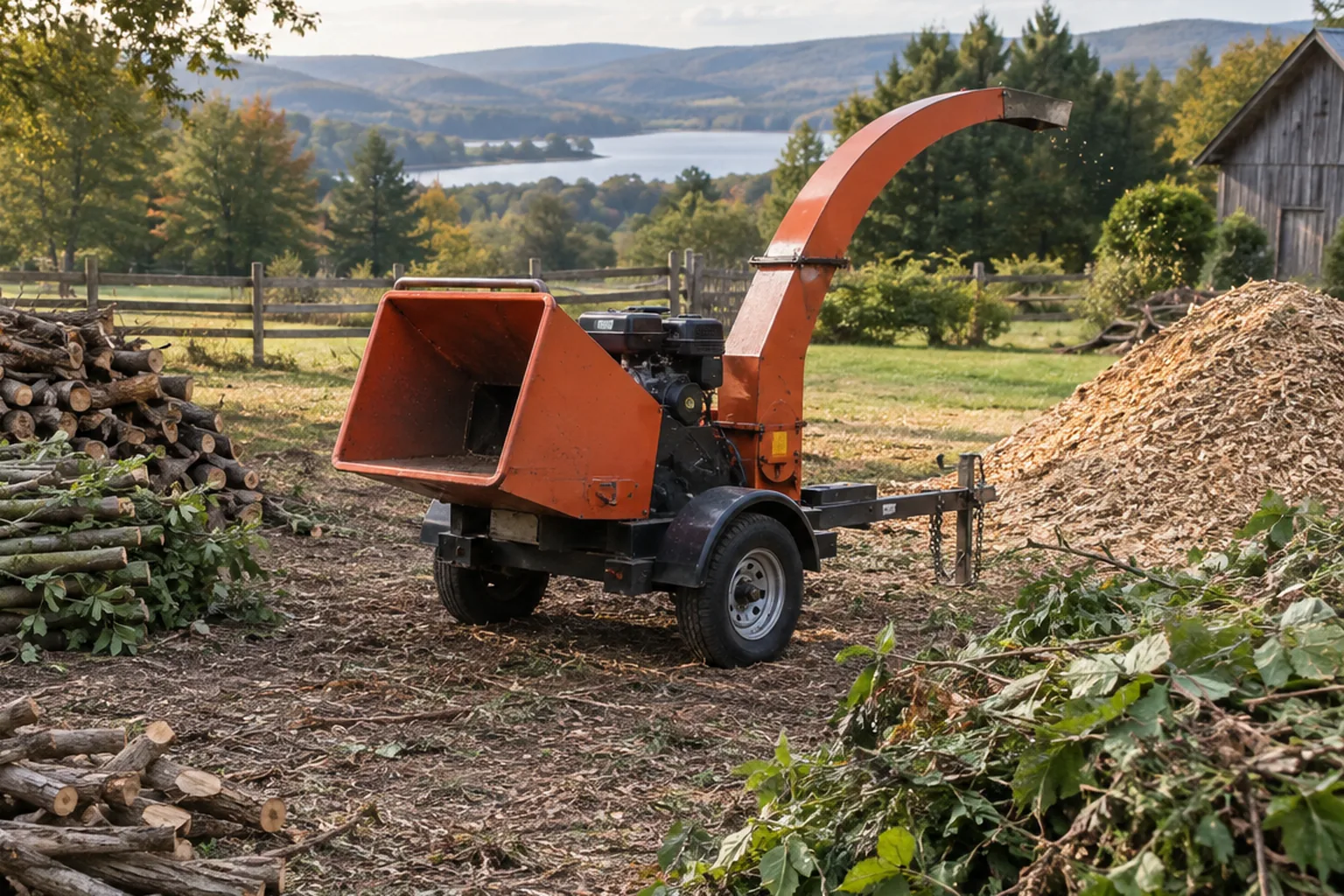 Wood chipper on stable ground with clear feed and discharge zones