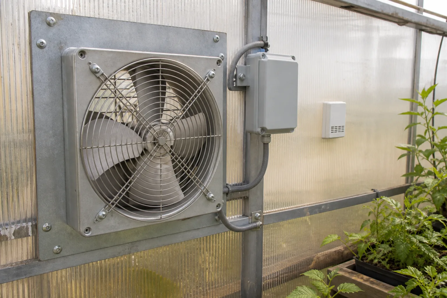 Greenhouse exhaust fan beside weather-resistant control boxes and a plant-height sensor