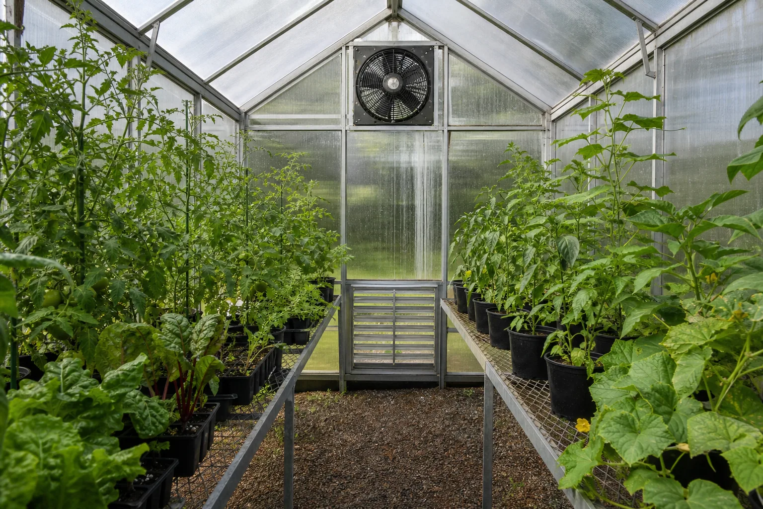 Interior greenhouse aisle with an exhaust fan above the crop and a low intake louver