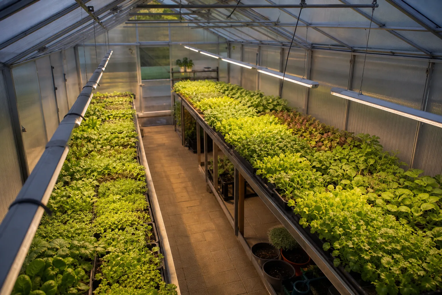 Evenly spaced LED bar fixtures above two long greenhouse crop benches