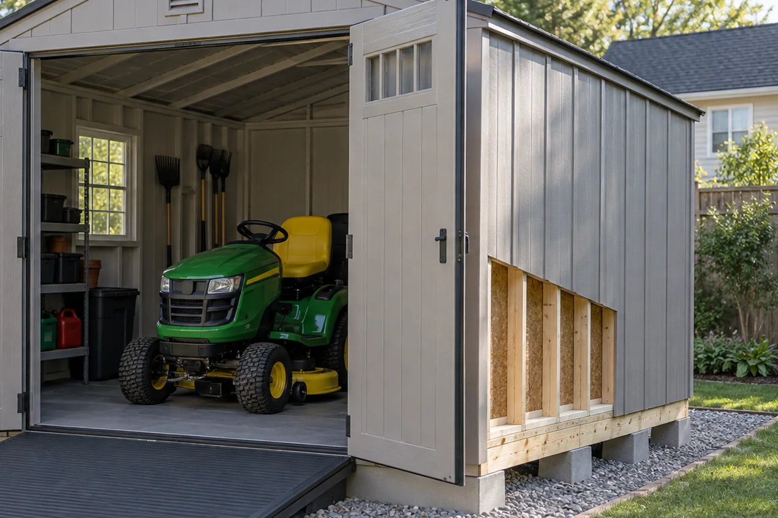 Riding mower approaching a smooth wide shed ramp