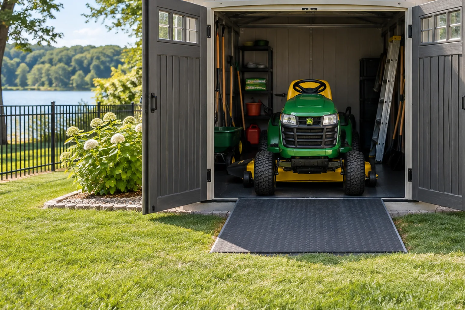 Tape measure across mower deck and discharge chute