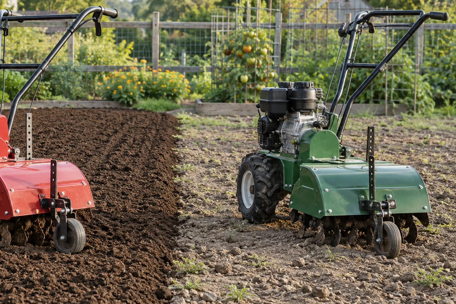 Close view of depth stake, guarded tines, and transport wheels