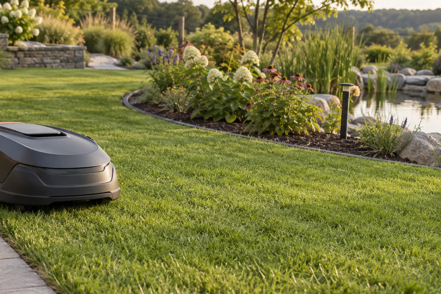 Robot mower turning beside a broad curved garden border