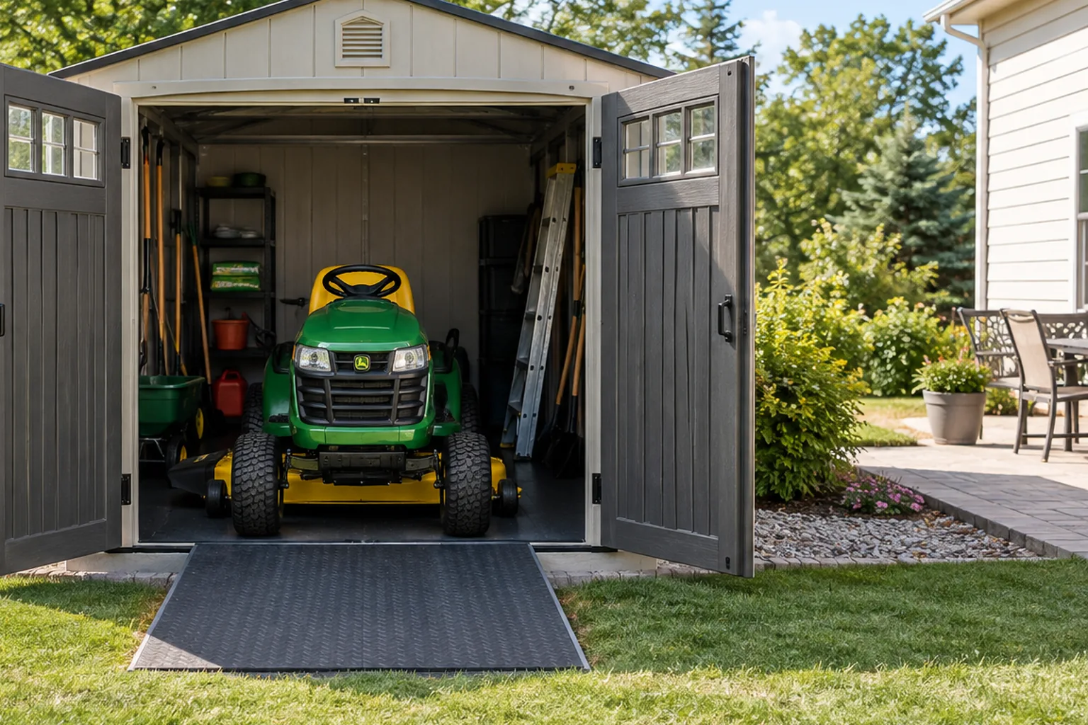 Wide doors secured open above a centered mower ramp