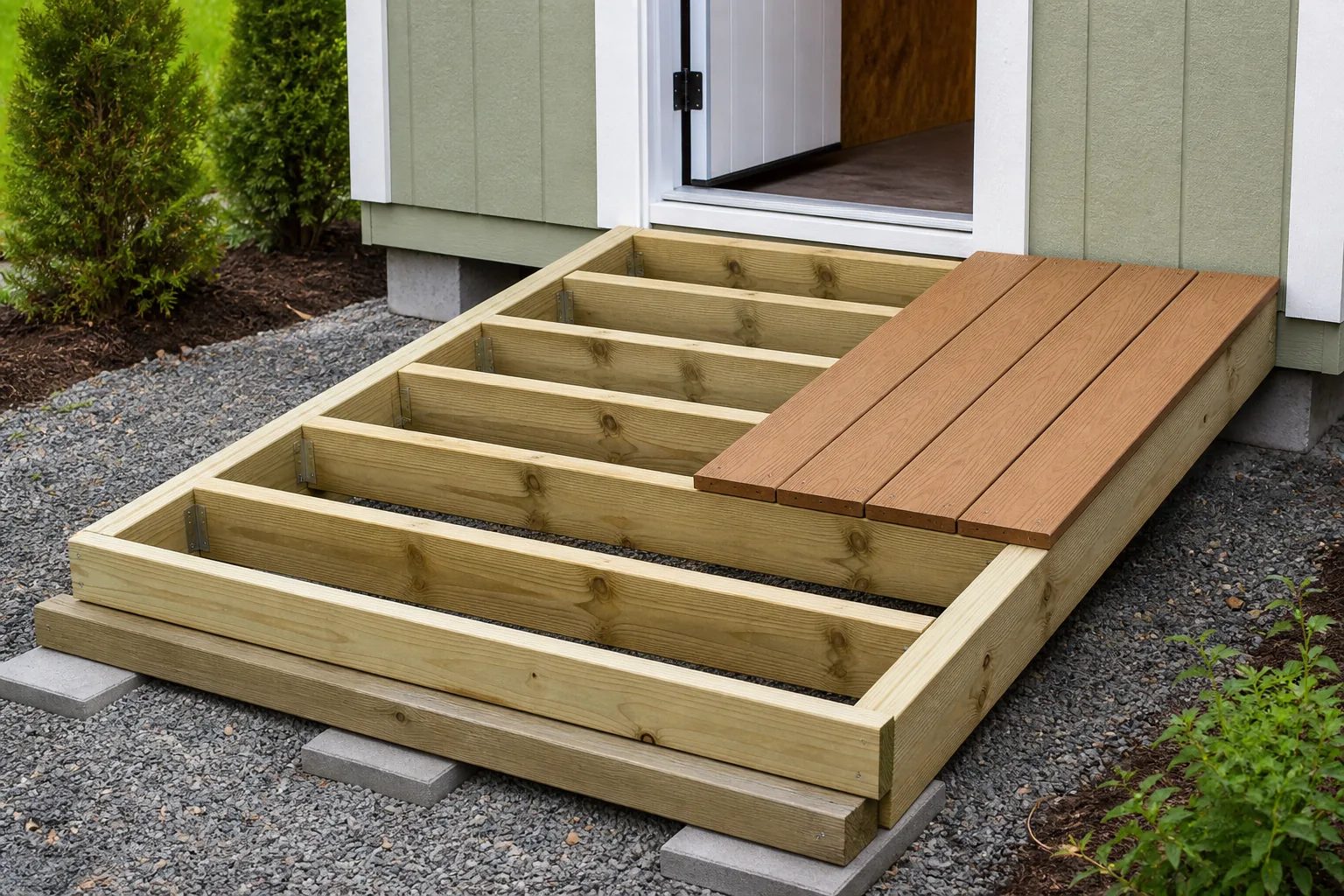 Partly decked shed ramp showing joists, blocking, edge framing, and lower bearing