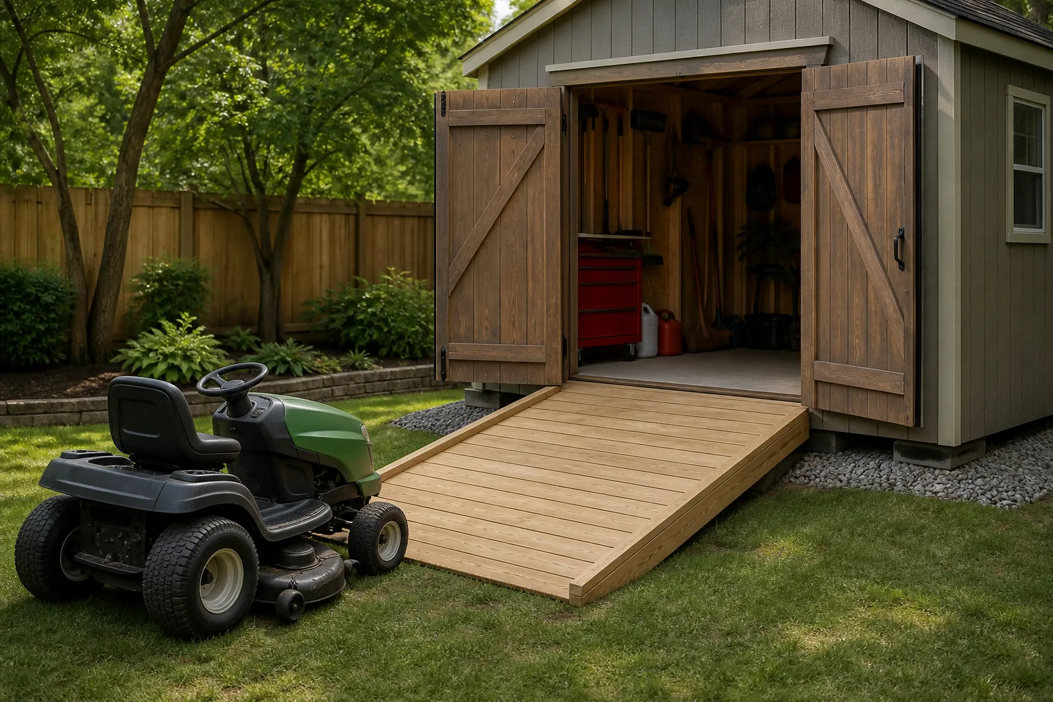 Shed ramp slope and size: safe access for mowers and carts