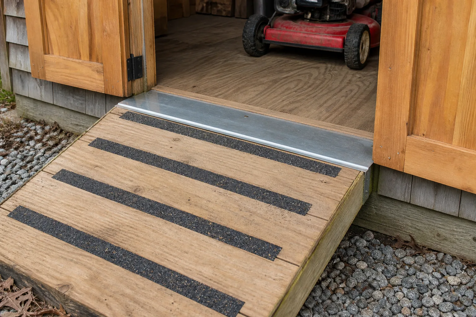 Wooden shed ramp with coarse traction strips and a supported metal threshold plate