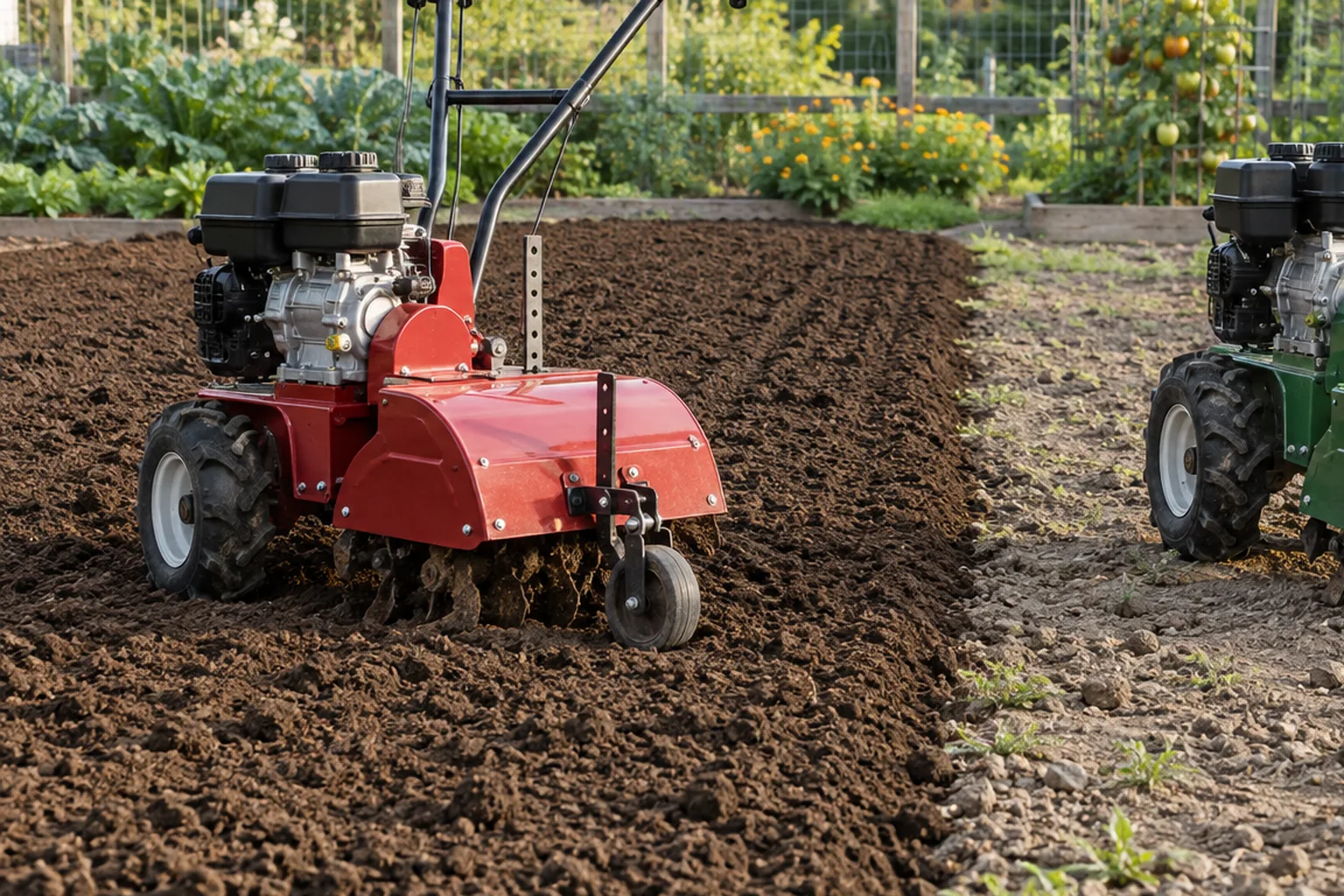 Hands examining crumbly and wet soil beside a tiller