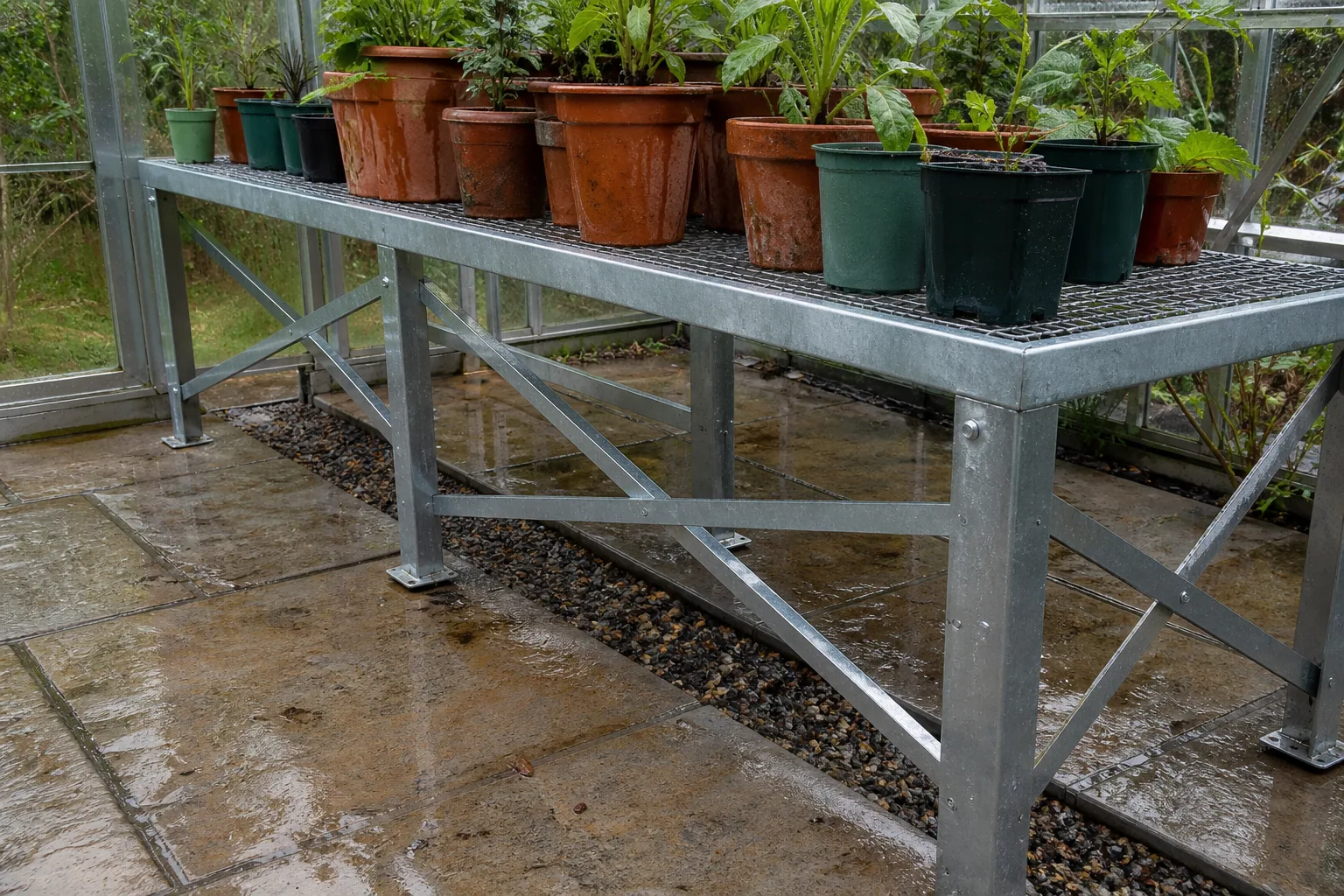 Cross-braced galvanized bench carrying many damp containers above a gravel drain strip