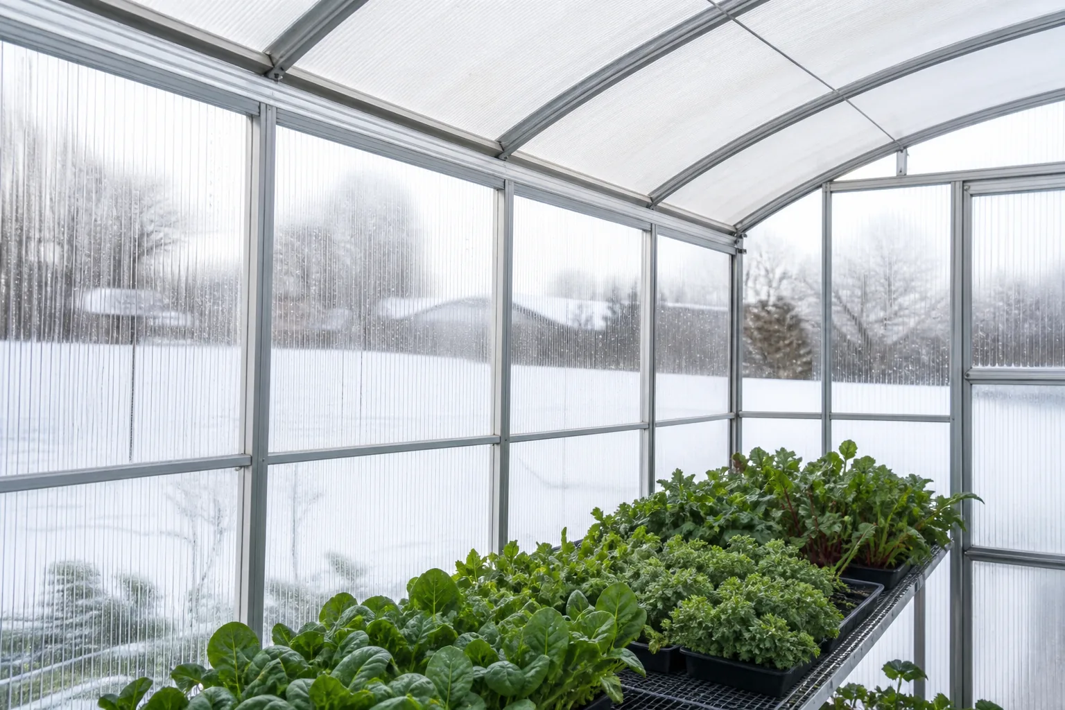 Winter daylight diffused through multiwall panels over healthy greenhouse greens
